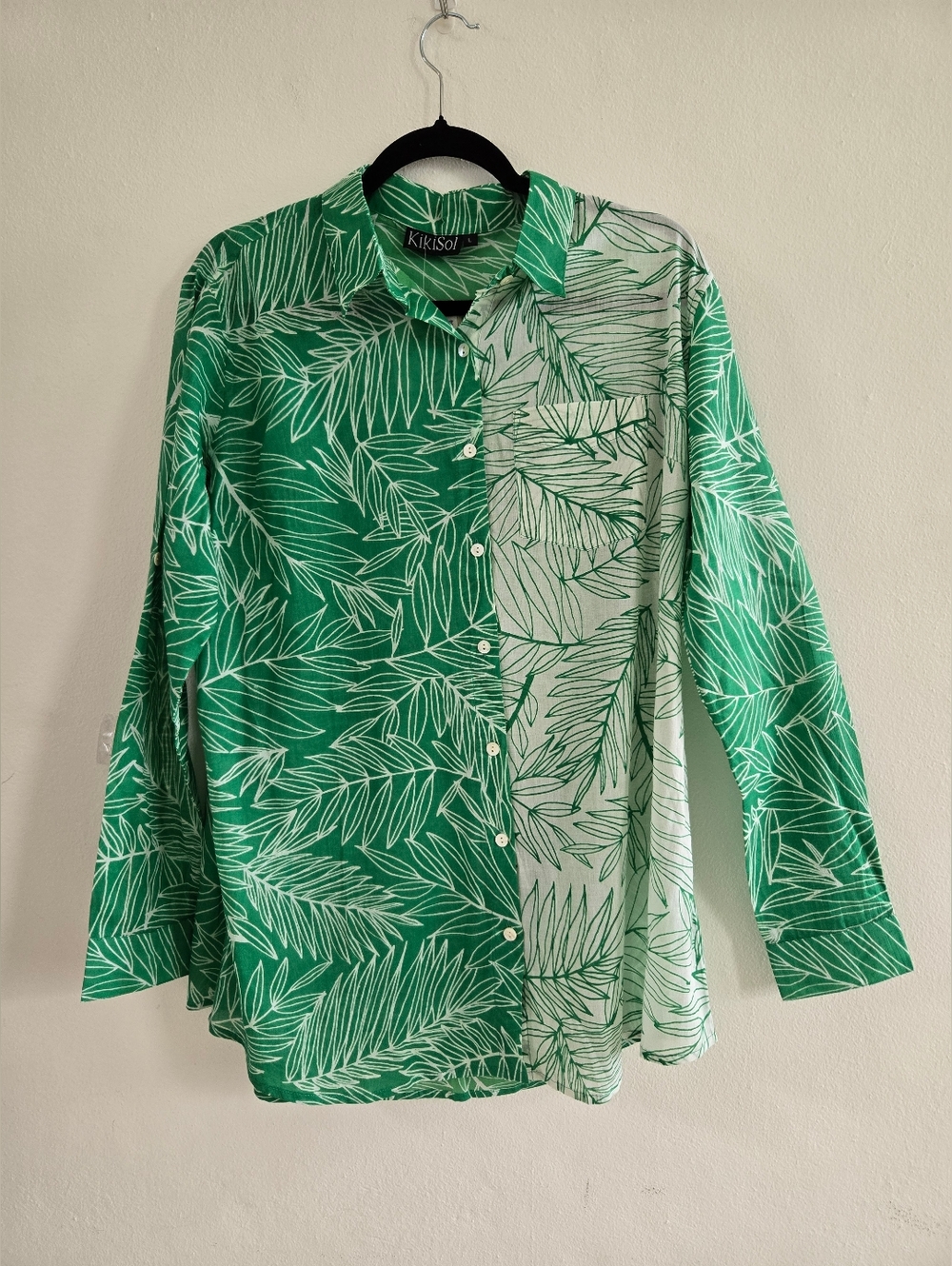 Kikisol Green Leaf Button Down Long Sleeve Tab Boyfriend Shirt Size L